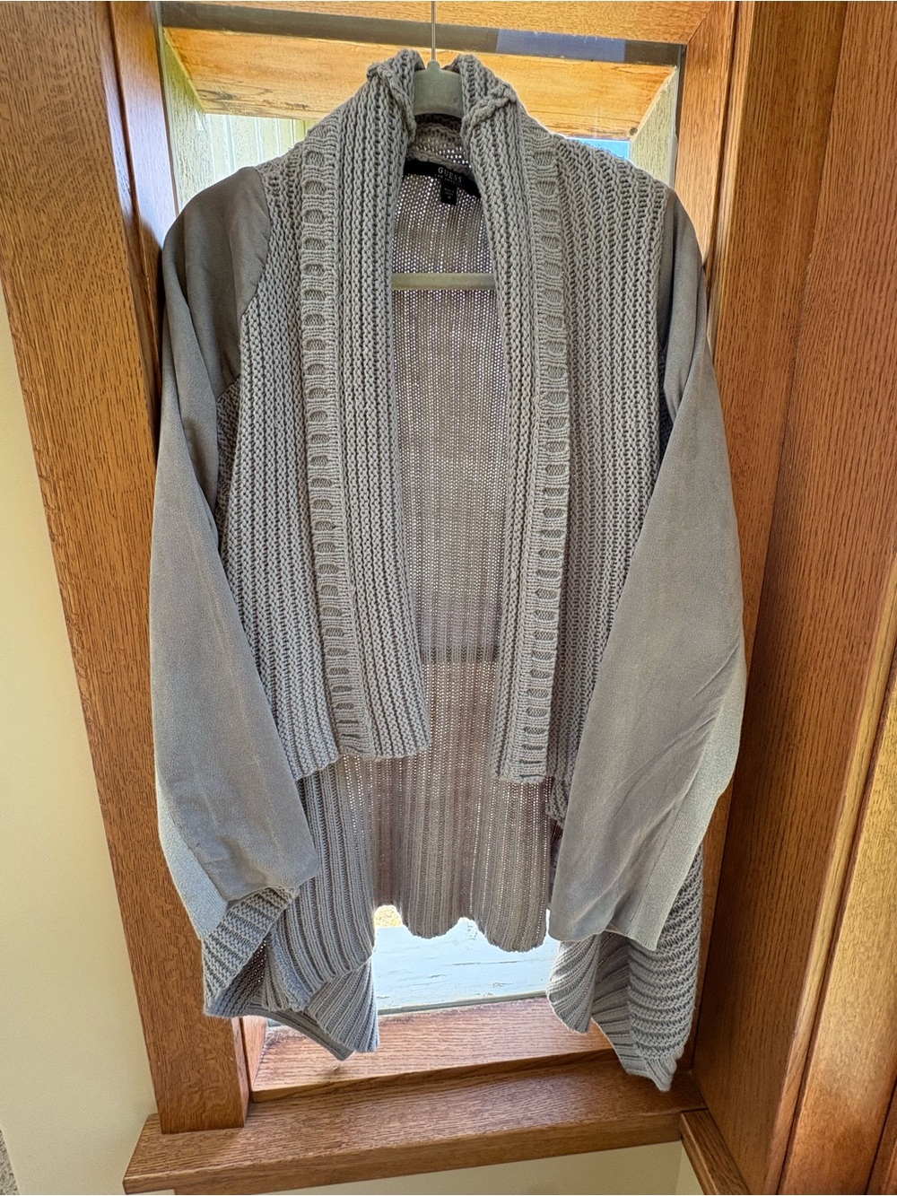 Guess Gray Chunky Knit Button Cardigan Sweater Medium Sueded Knit Sleeves